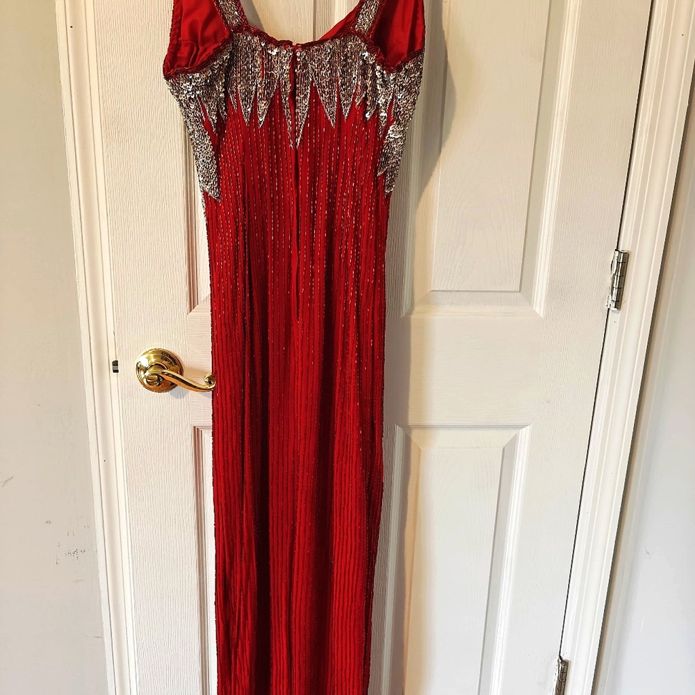 100% Hand Beaded Red Gown With Slit - Picture 5 of 12